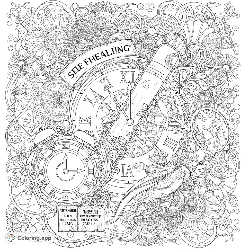 An intricate self-healing coloring page featuring detailed clocks, a pencil, and a banner amidst a dense tapestry of swirling botanical and floral patterns. Perfect for mindful coloring.
