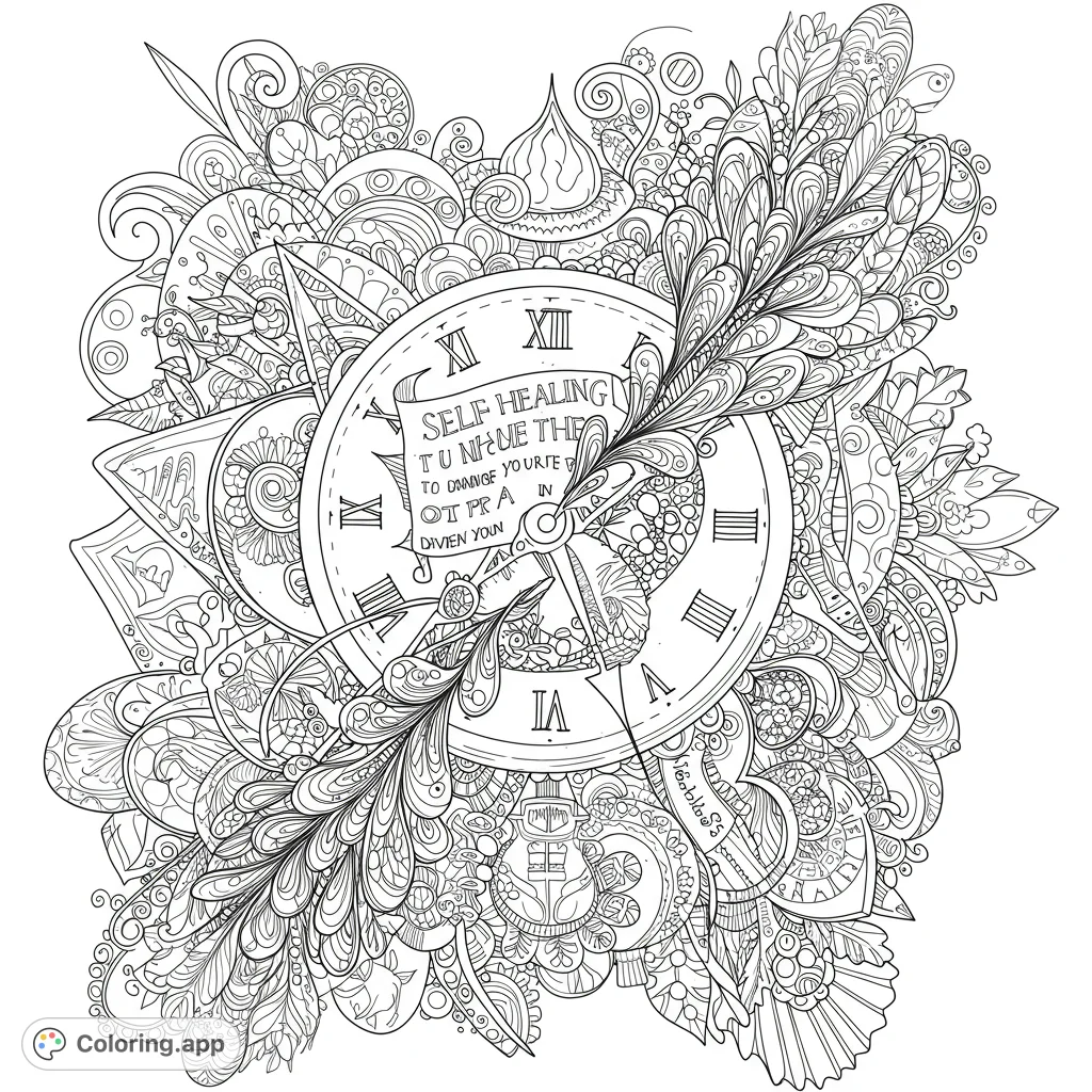 An intricate timepiece coloring page featuring a detailed clock face with a feather-like hand, surrounded by complex organic patterns for mindful coloring.