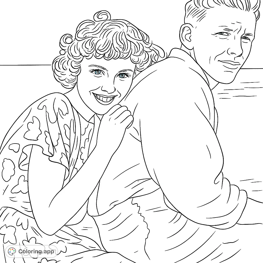 A charming portrait of a warmly smiling woman leaning on a man, perfect for a romantic couple coloring page. Free printable for all ages.