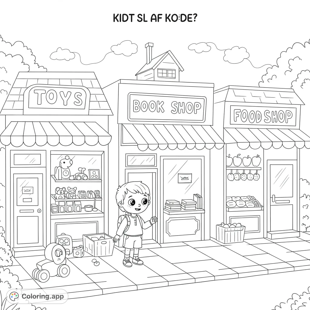 A charming town street scene with a happy boy exploring three detailed shops: Toys, Books, and Food. Perfect for a fun, free printable coloring page.
