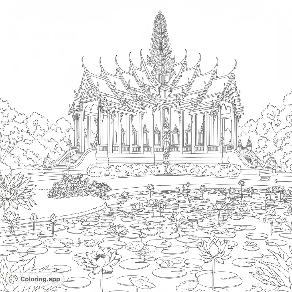 Immerse yourself in the intricate beauty of a Thai Temple adorned with elegant lotus flowers. A detailed free printable coloring page.