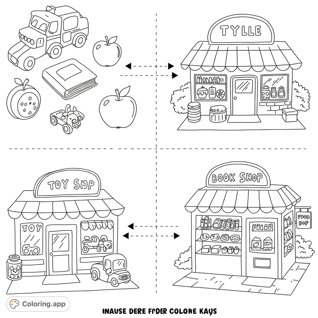 Explore a fun matching activity with shops and items! Color a toy shop, book shop, market, and various objects in this engaging free printable coloring page.