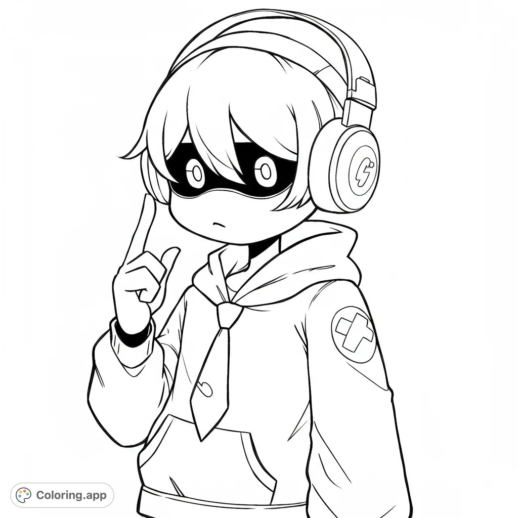 A thoughtful character with headphones and a hoodie, pointing upwards. Perfect for anime fans and a free printable coloring page for all ages.
