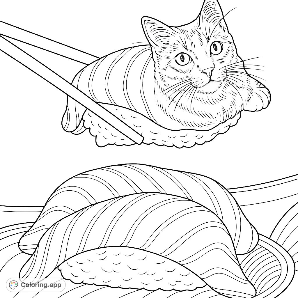 A charming cat-sushi creation held by chopsticks, with more delicious sushi below. A purr-fectly delightful and unique coloring page.