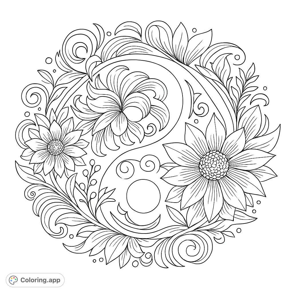 Discover balance with this intricate floral Yin Yang coloring page. Features detailed flowers and swirling vines for a meditative coloring experience.