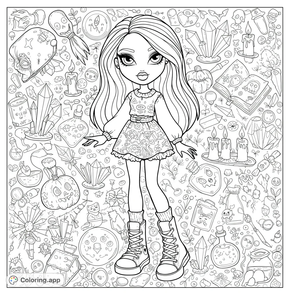 A charming witchy girl surrounded by a whimsical array of magical items, crystals, and potions. A delightful fantasy coloring adventure!