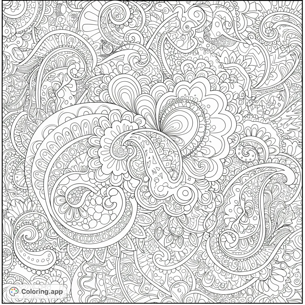 An intricate paisley pattern coloring page, featuring dense swirls, organic shapes, and detailed motifs for a relaxing and engaging coloring experience.