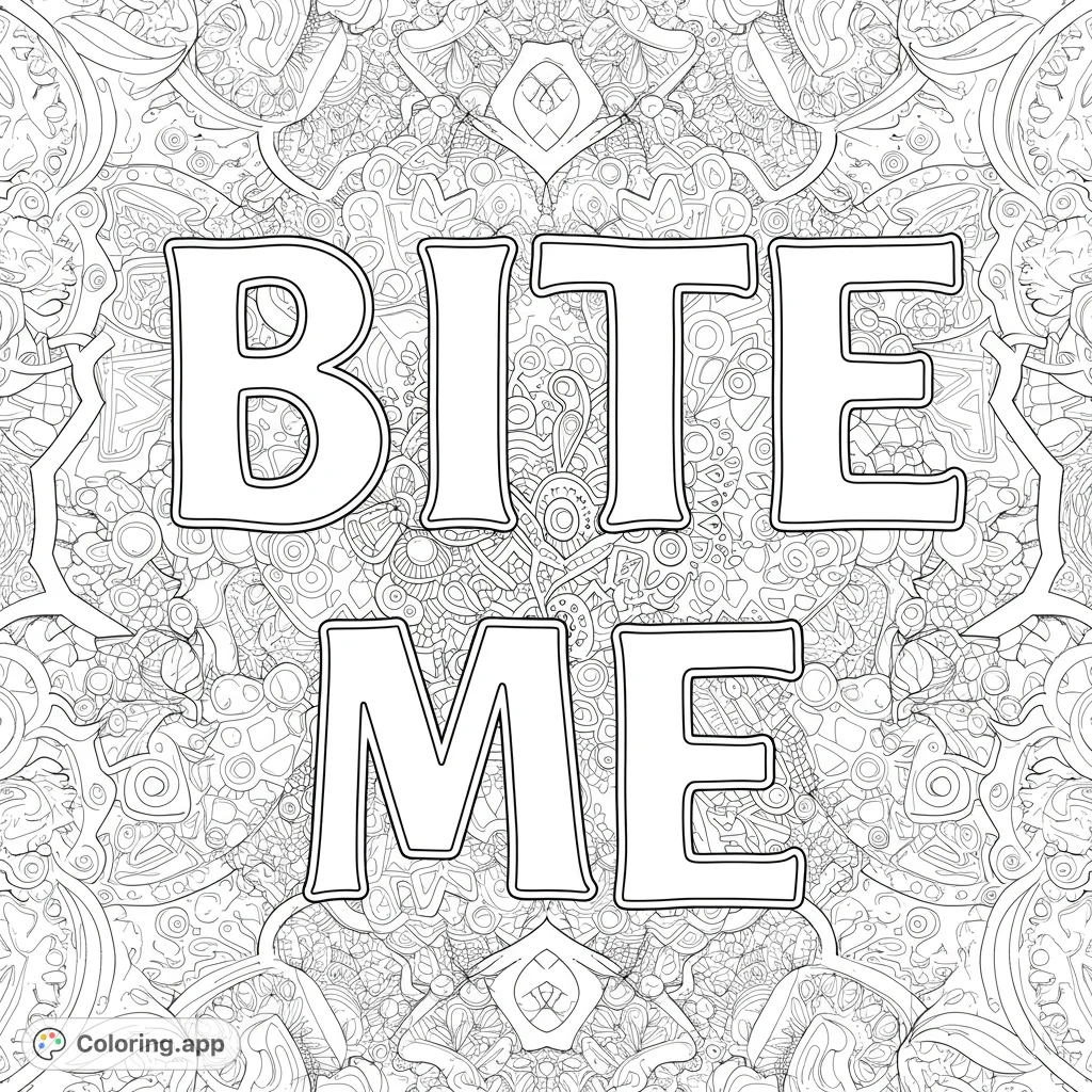 Unleash your humor with this 'BITE ME' sarcastic phrase coloring page, featuring intricate zentangle patterns for a challenging adult coloring experience.