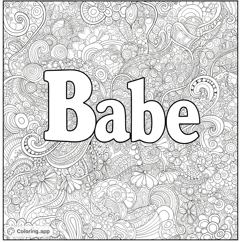 A free printable 'Babe' word art coloring page featuring bold letters against an intricate, detailed background of abstract floral and swirl patterns.