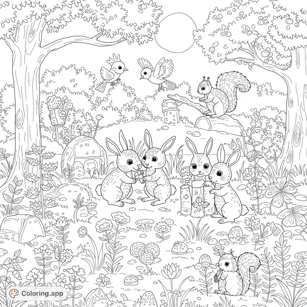 A charming woodland scene featuring adorable rabbits, squirrels, and birds amidst lush foliage and flowers, perfect for a delightful coloring experience.