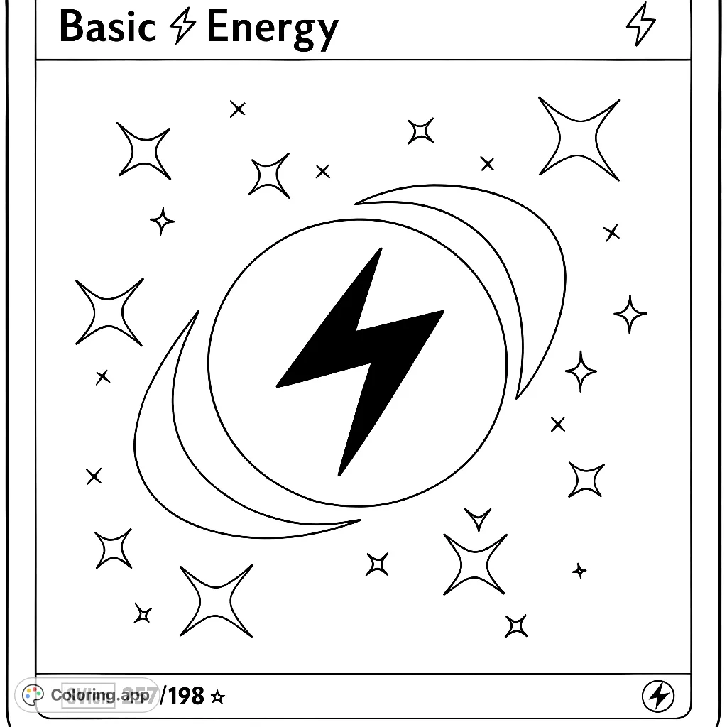 A dynamic lightning bolt within a circle, surrounded by swirling crescents and sparkling stars, ready for vibrant colors.