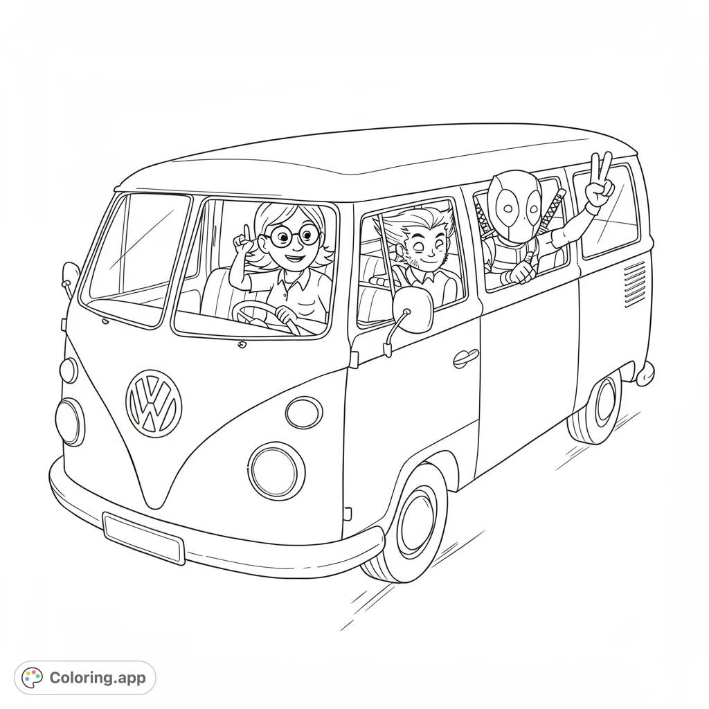 Join a fun road trip with a diverse crew in a classic van. Perfect for a free printable coloring page, featuring a unique superhero theme.