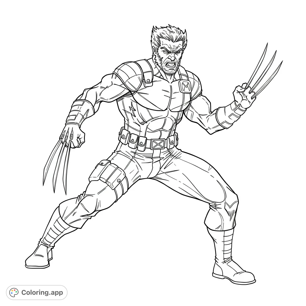 Dynamic superhero with iconic claws in an action pose, ready for battle. A free printable superhero coloring page for kids and adults.