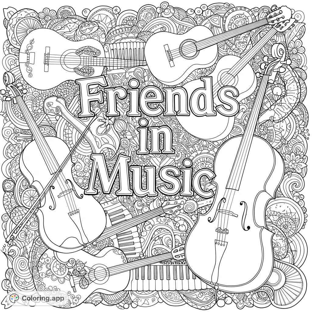 Explore a harmonious music coloring page featuring guitars, violins, and piano keys amidst intricate patterns. A free printable coloring page for all ages.