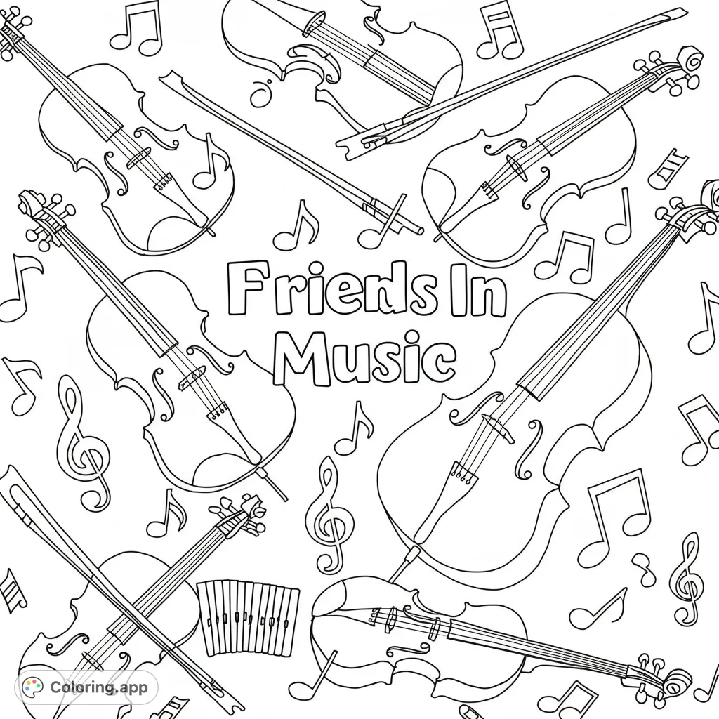 A harmonious music coloring page featuring violins, cellos, bows, and musical notes. A free printable coloring page for all ages.