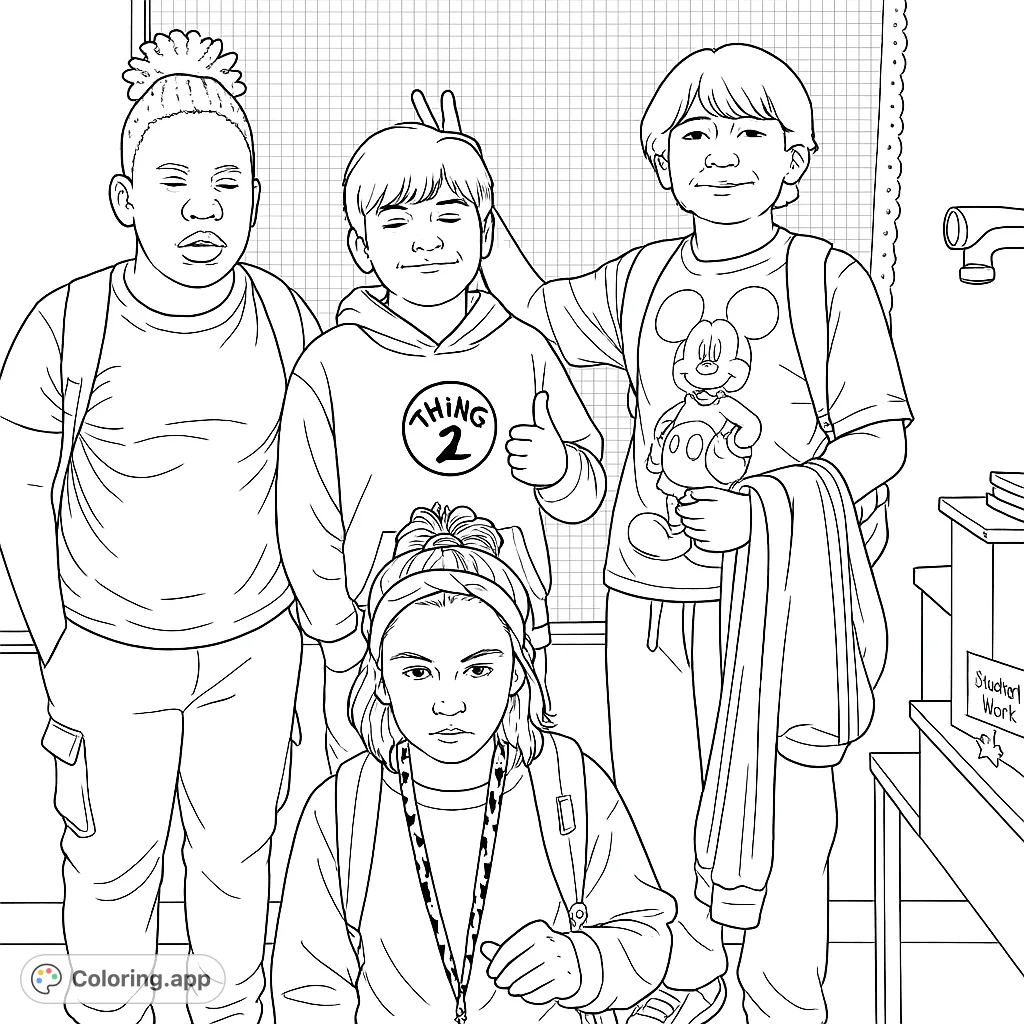 A lively classroom scene featuring four diverse students posing, ready for school. Perfect for young artists to bring to life with vibrant colors.