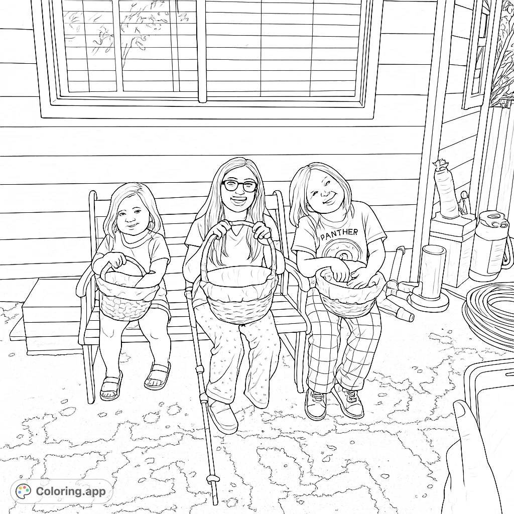 Three happy girls with baskets sit on a bench by a house, ready for a fun activity. A delightful free printable family fun coloring page.