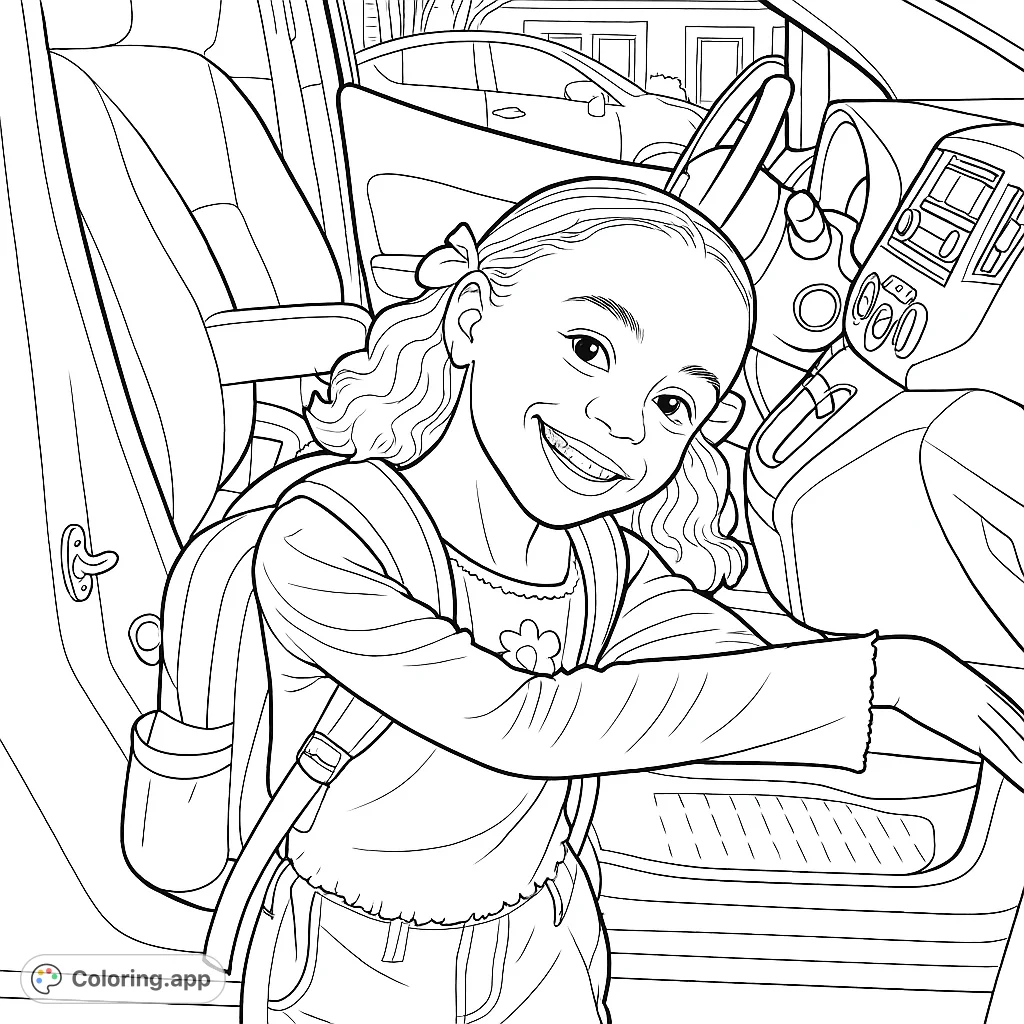 A cheerful girl with a backpack smiles, ready for a car ride. This free printable back-to-school coloring page is perfect for kids.
