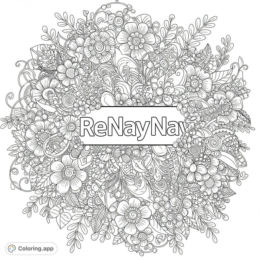 An intricate floral mandala coloring page featuring a dense array of flowers, leaves, and swirls, with a central blank banner for personalized messages.