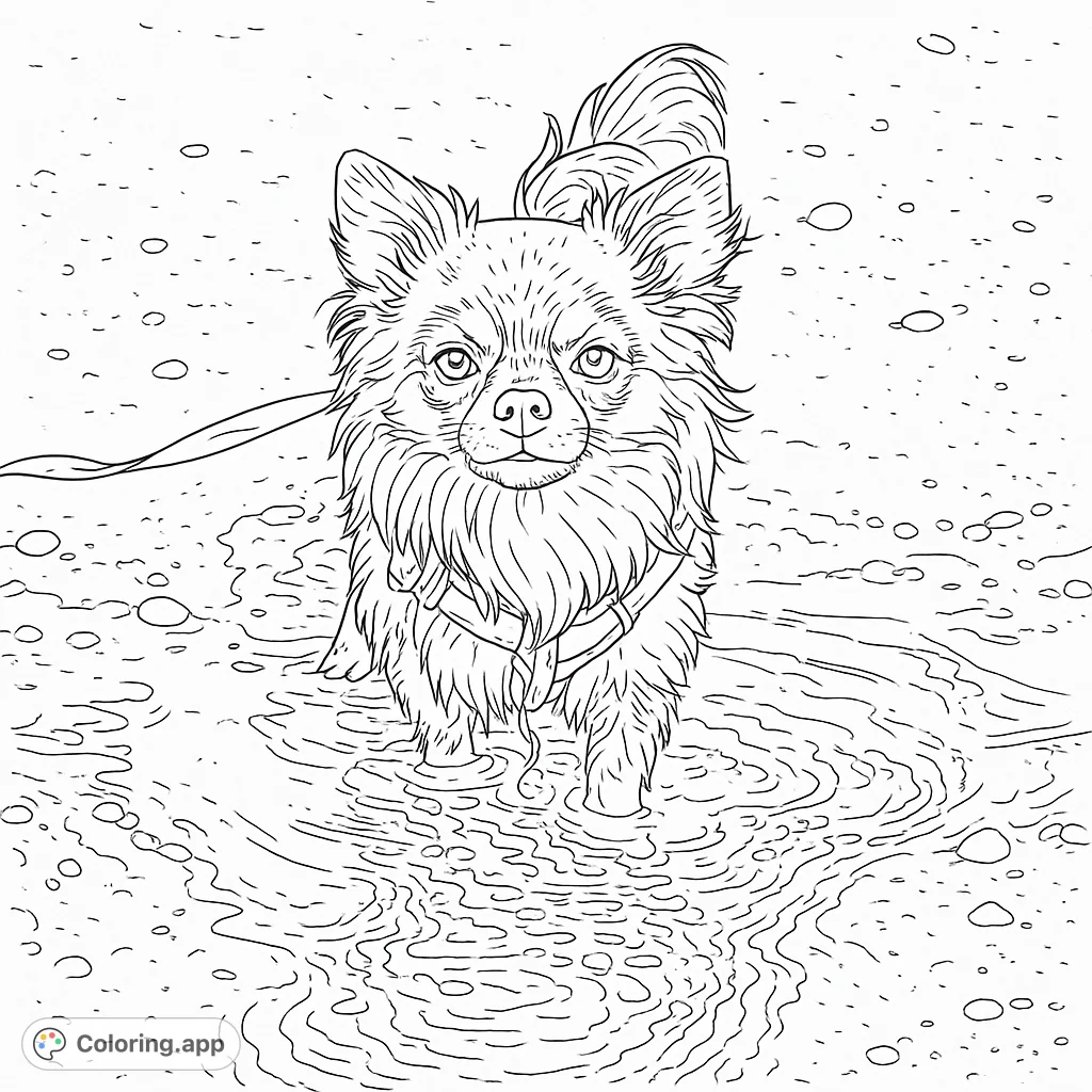 A charming Chihuahua dog stands in shallow water, creating playful ripples. This free printable dog coloring page features intricate fur details and a serene scene.