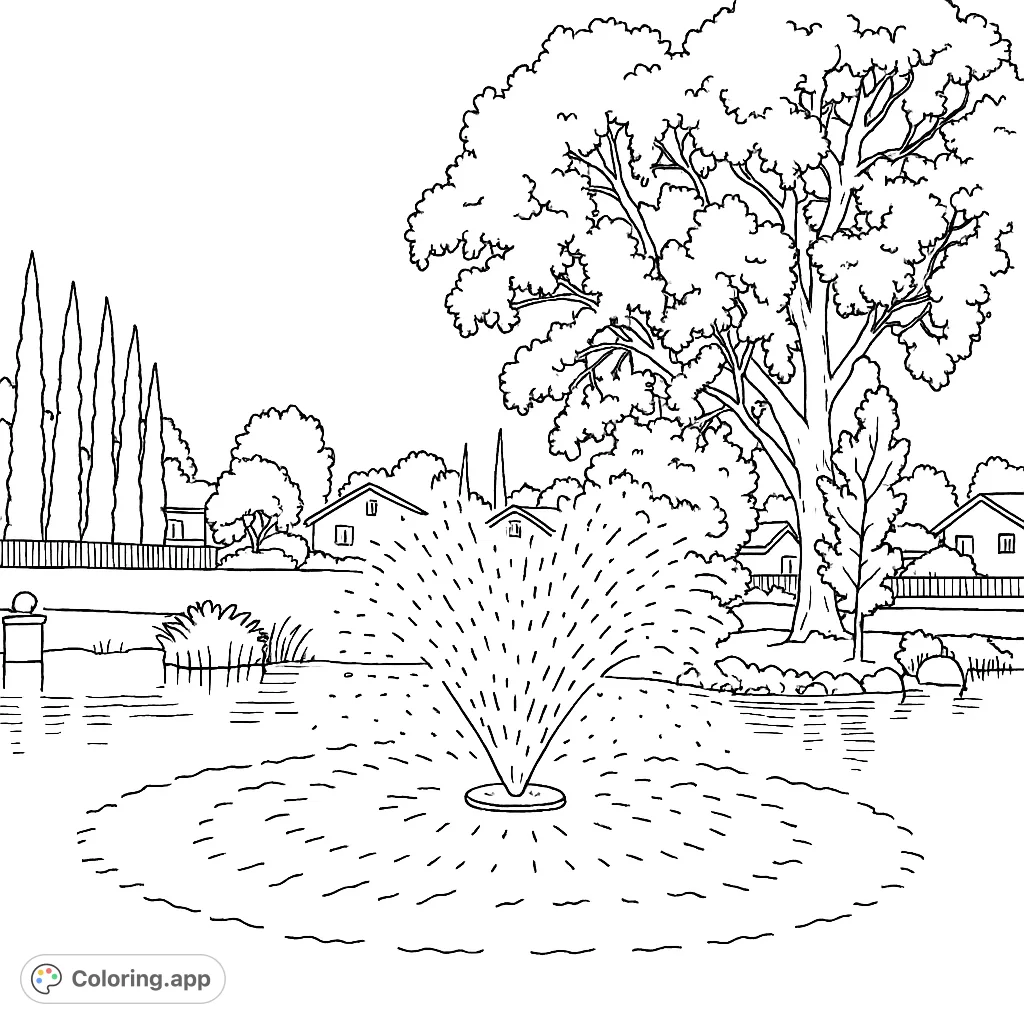 A tranquil park scene featuring a beautiful fountain spraying water in a pond, surrounded by lush trees and distant houses. A peaceful nature escape.