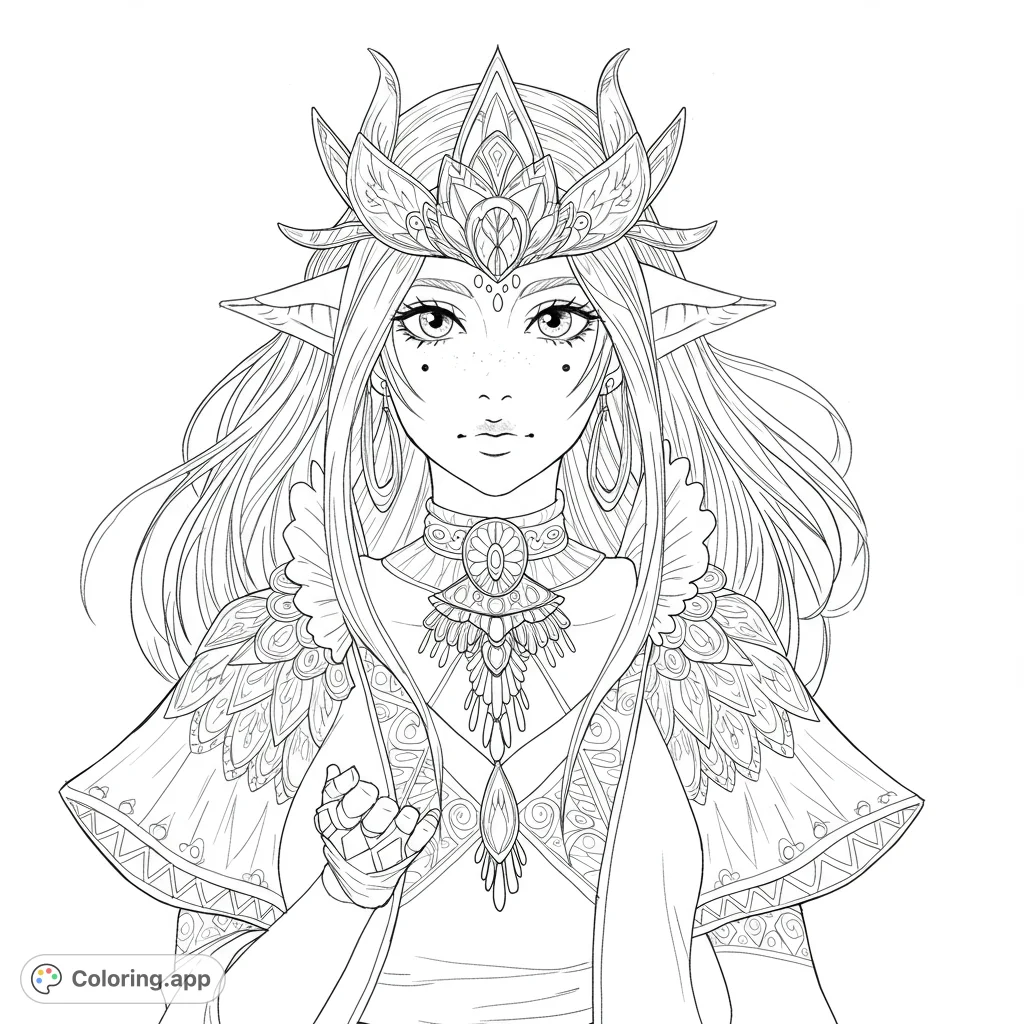 An enchanting fantasy elf queen coloring page, featuring intricate details on her crown, jewelry, and ornate attire. Perfect for fantasy art lovers.
