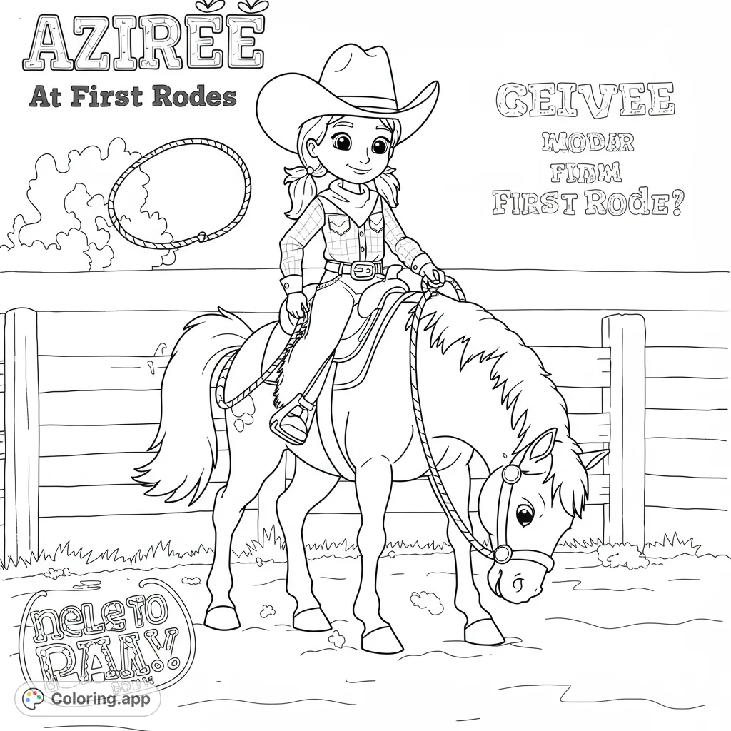 A cheerful cowgirl on her horse, ready for adventure, with a lasso and fence in the background. Perfect for young rodeo fans.