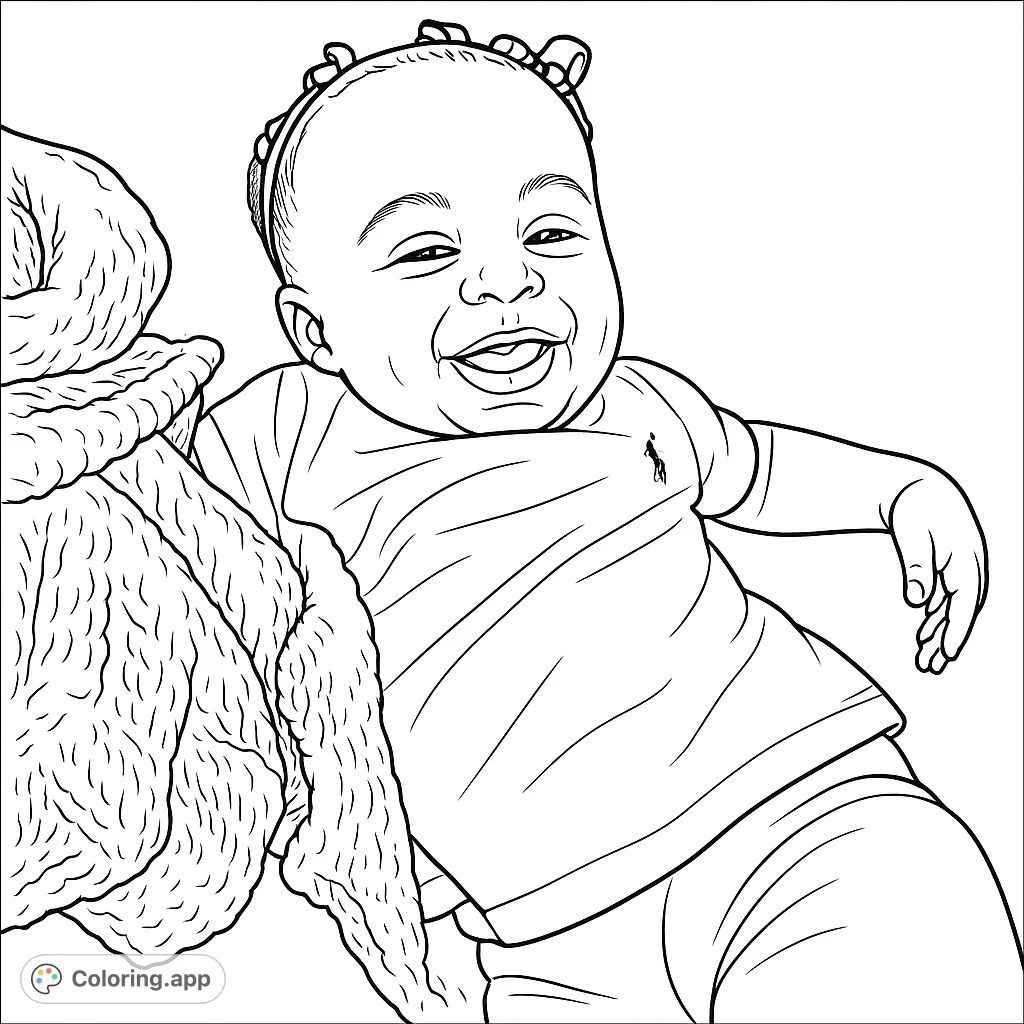 A delightful baby with a wide smile and headband, next to a cozy blanket, perfect for a heartwarming coloring experience.