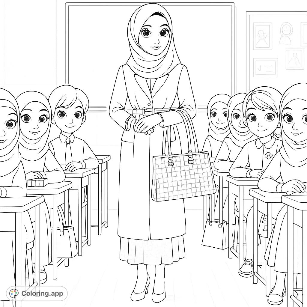 A kind teacher in a hijab stands in a classroom, surrounded by attentive students at their desks, ready for a lesson. Perfect for school-themed coloring.