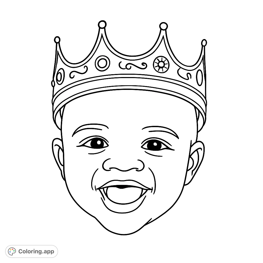 A delightful baby king coloring page featuring a smiling child wearing a royal crown, perfect for free printable coloring page fun and creative expression.