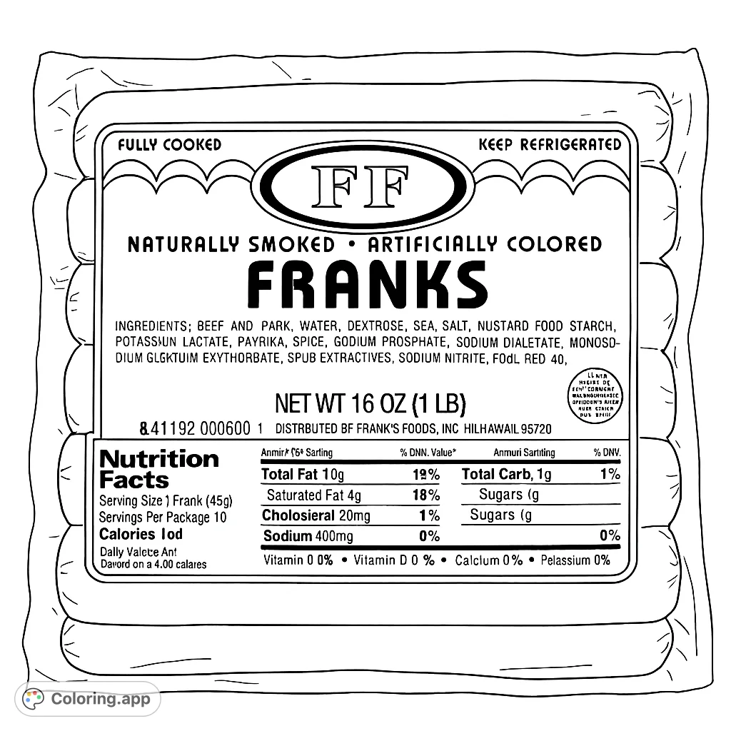 A detailed frankfurter package coloring page, perfect for food enthusiasts. Features a prominent label and multiple hot dogs ready for vibrant colors.
