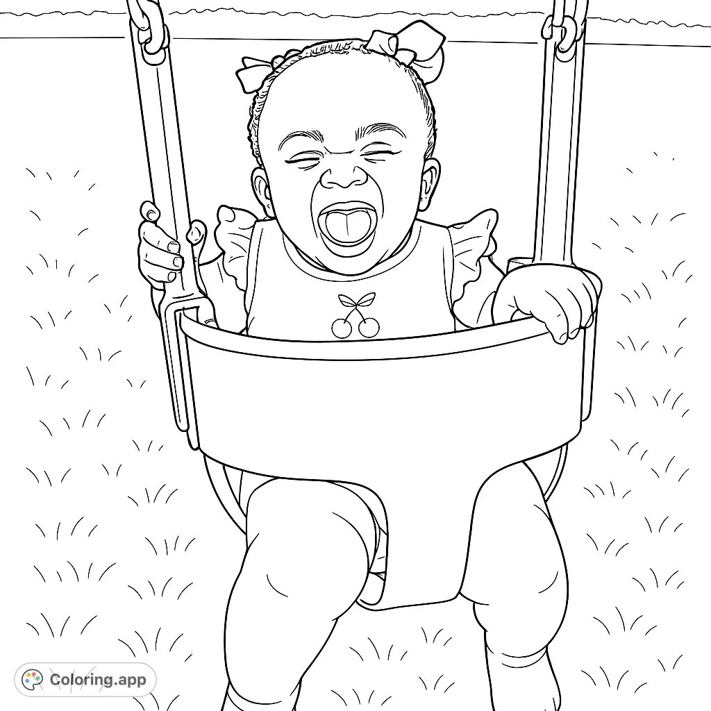 A delightful baby with a wide, joyful laugh in a playground swing, perfect for a happy coloring experience. A free printable coloring page.