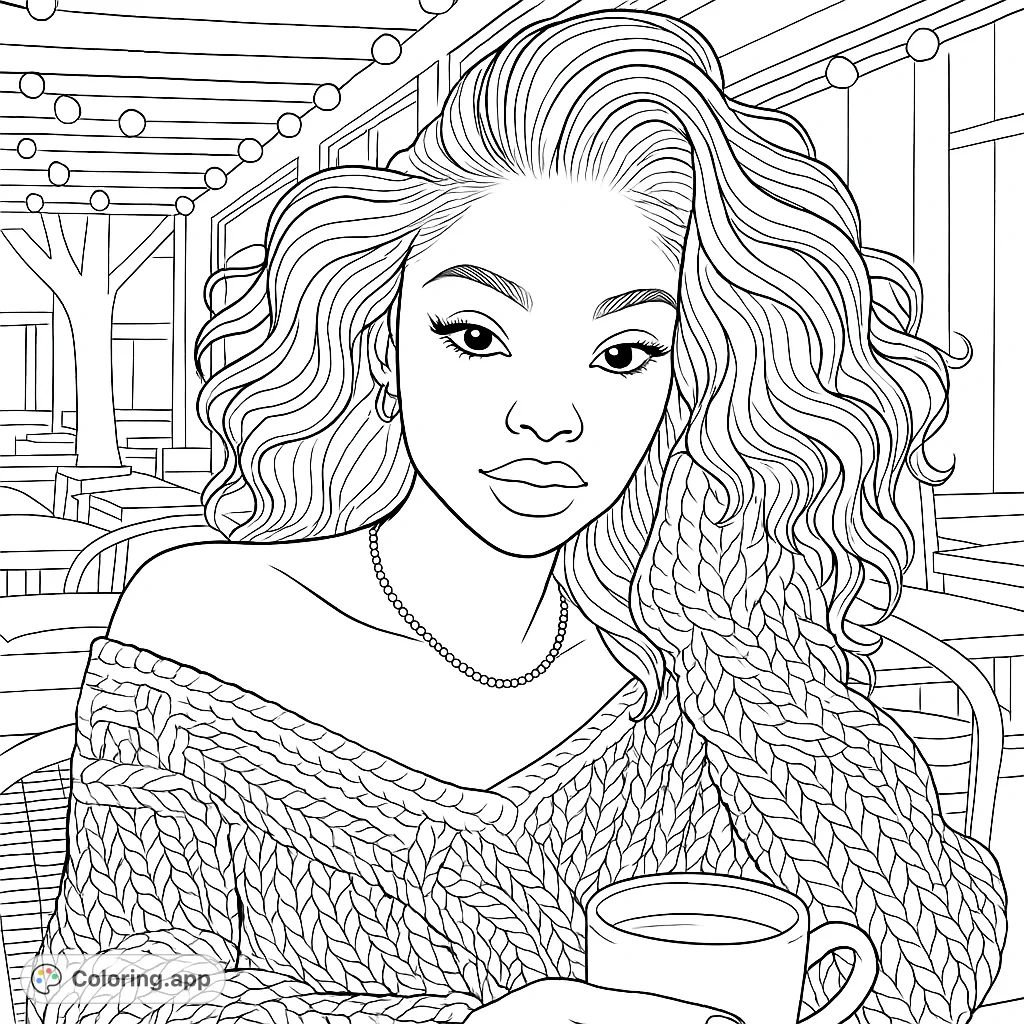 A beautiful woman with wavy hair in a cozy knit sweater holds a mug in a charming cafe setting. Perfect for a relaxing portrait coloring page.