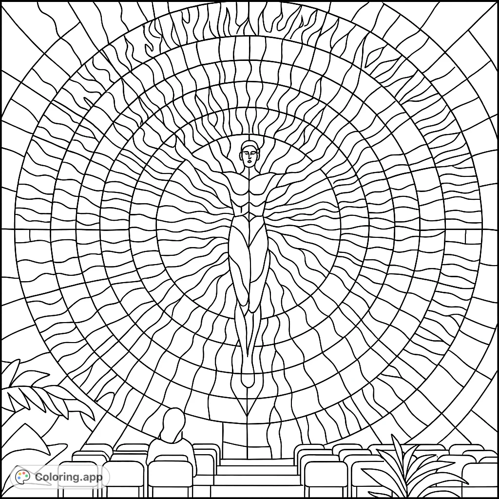 A captivating stained glass style human figure radiating light, observed by an audience. An intricate, meditative free printable coloring page.