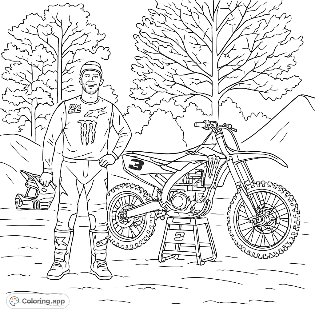 A dynamic motocross coloring page featuring a smiling rider in full gear beside his detailed dirt bike, set against a natural landscape.