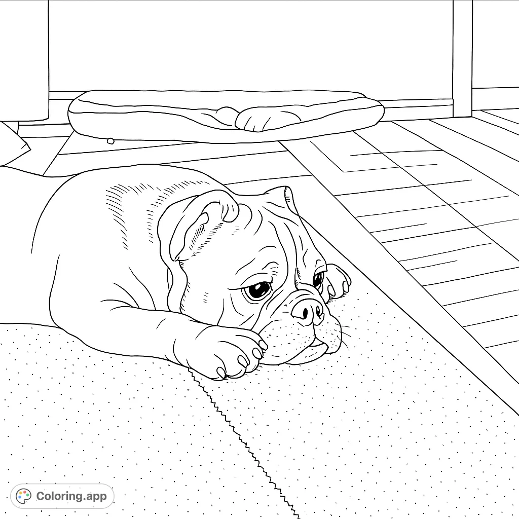 A charming bulldog rests peacefully on a textured rug, offering a delightful and relaxing coloring experience for all ages. Perfect for dog lovers!