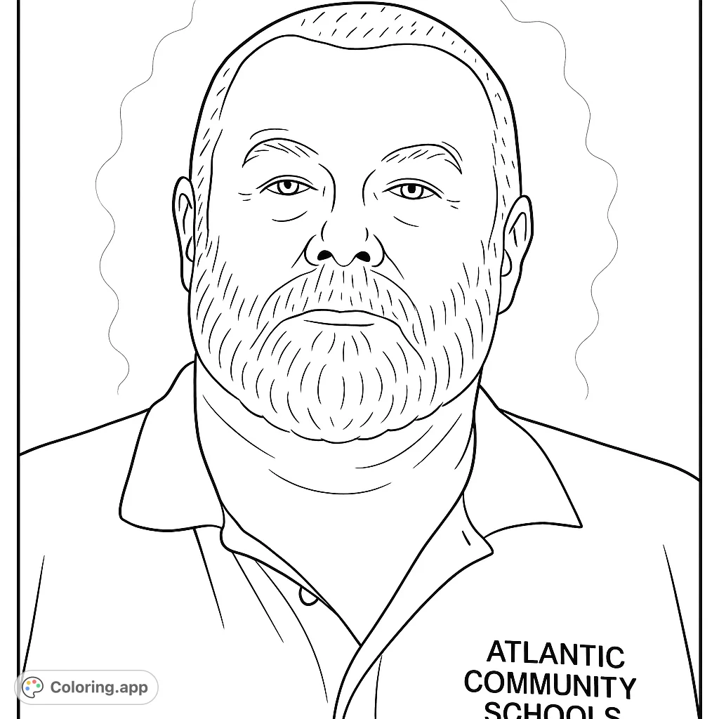 Color a detailed portrait of a man with a prominent beard and mustache, wearing a collared shirt. Perfect for practicing realistic shading.