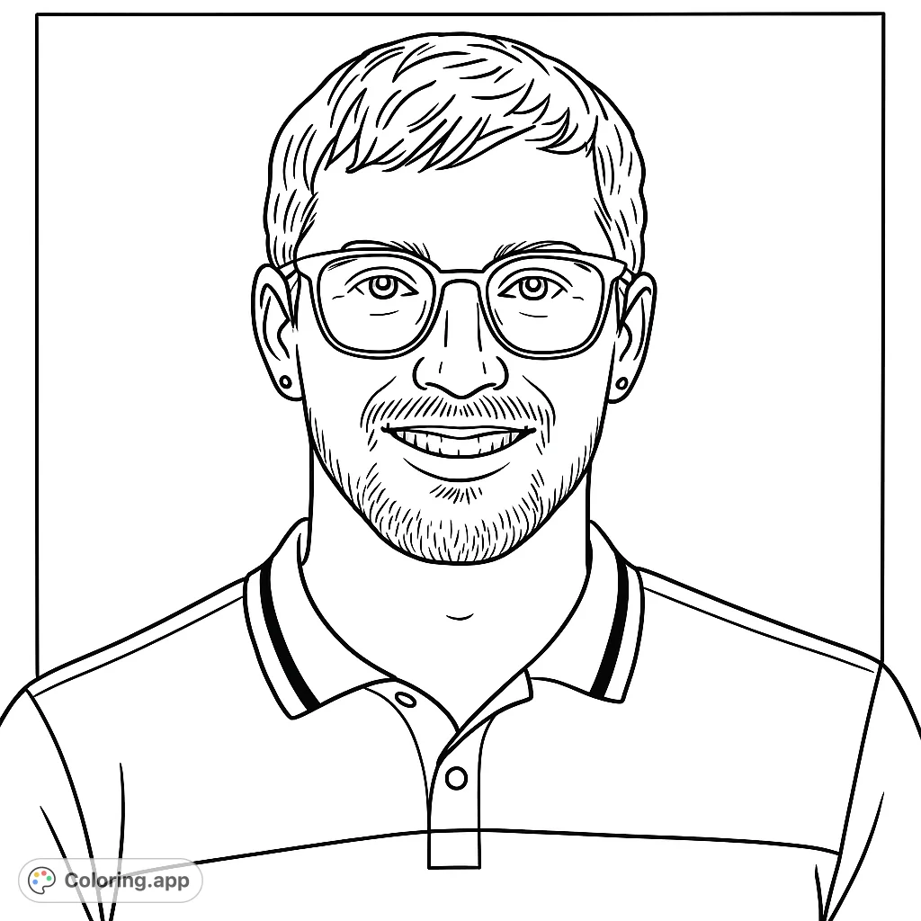 A friendly man with clear glasses and a striped polo shirt, smiling. Ideal for a portrait coloring page, free printable coloring page, and coloring pages for adults.