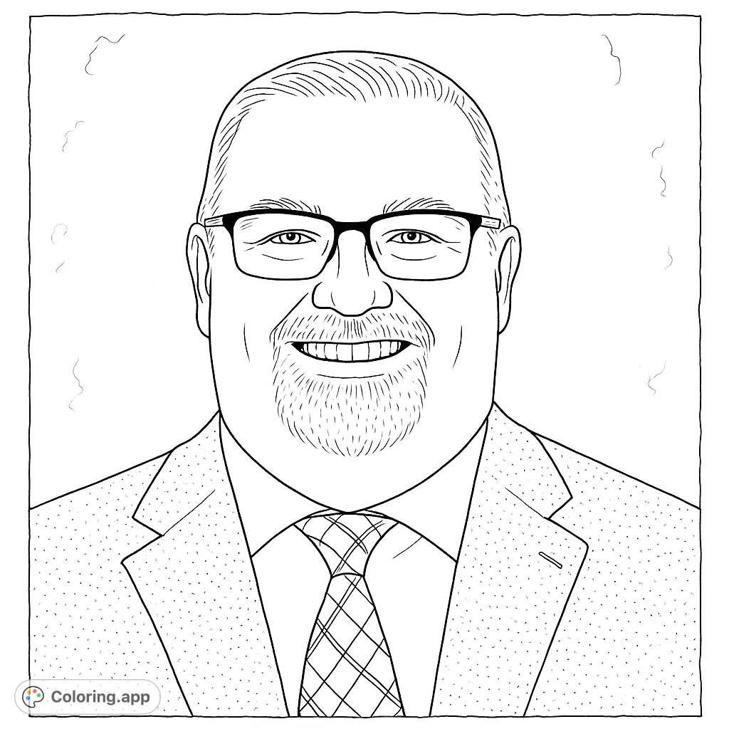 A friendly man in a suit and glasses, smiling warmly. This professional portrait coloring page offers detailed areas for a rewarding experience.