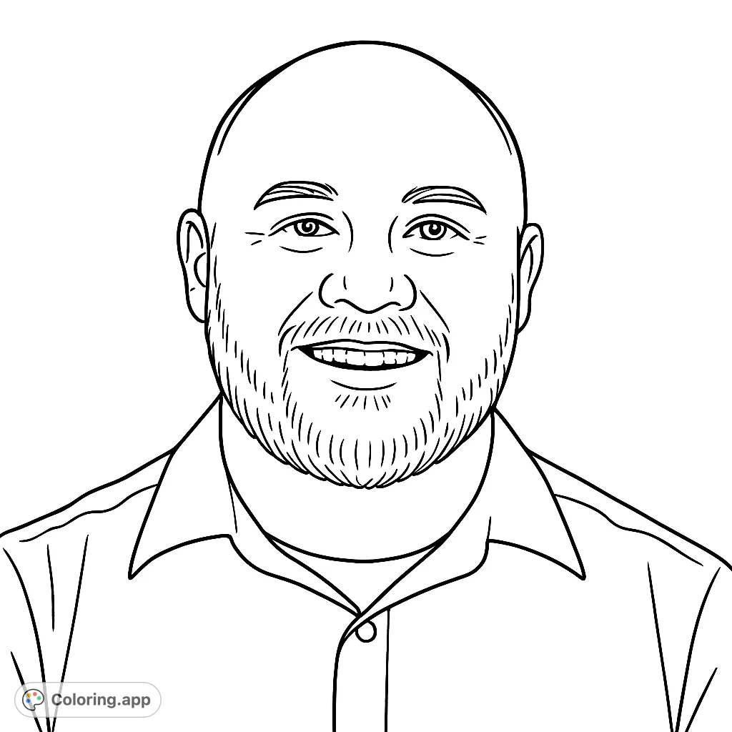 Color a friendly man's portrait with a bald head and a full beard. Perfect for practicing facial features and adding personal touches to his expression and attire.