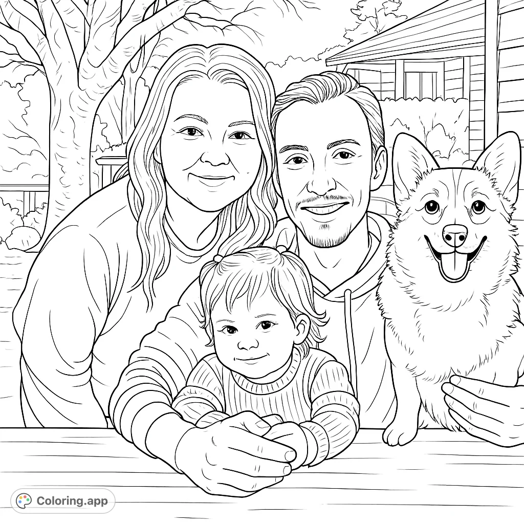 A heartwarming family portrait coloring page featuring a smiling couple, their adorable toddler, and a happy Corgi dog, set in a cozy backyard.