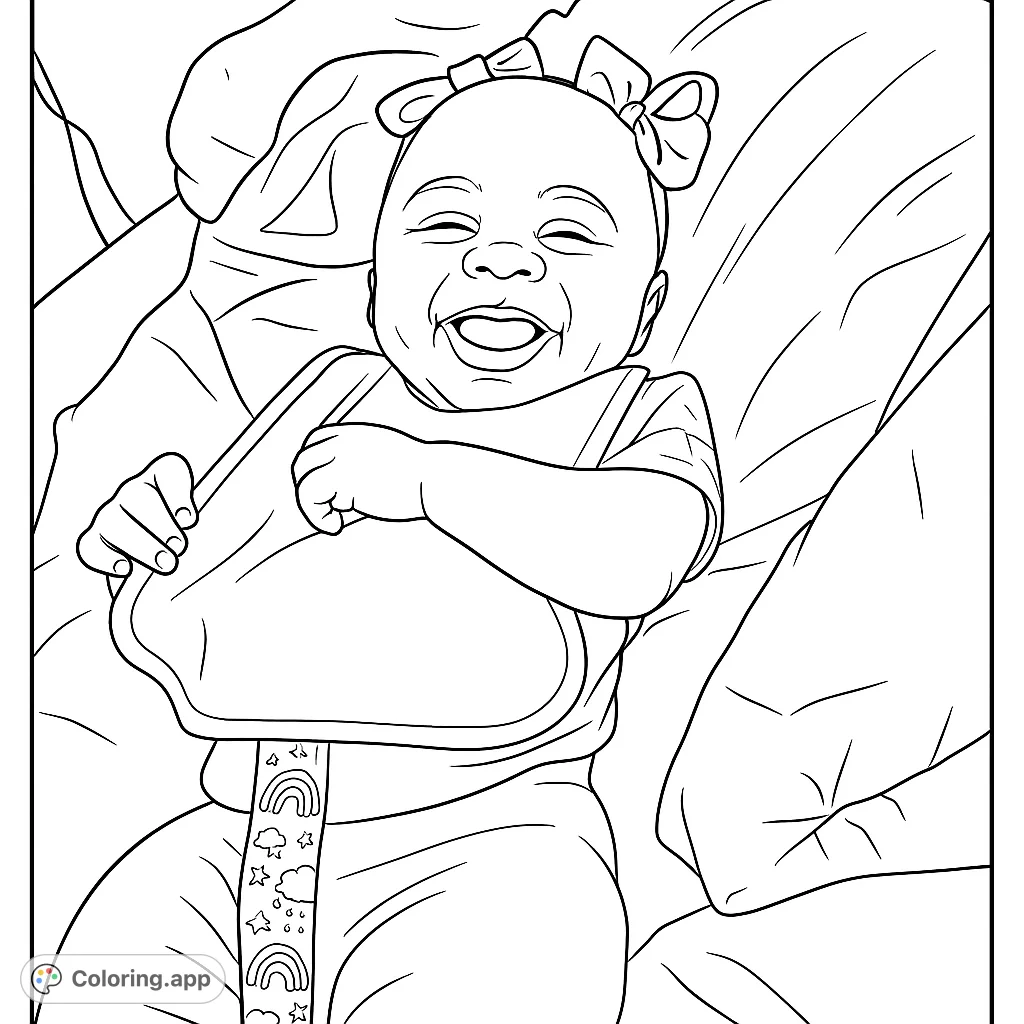 A heartwarming free printable baby coloring page featuring a laughing infant with a rainbow bib, perfect for kids and adults to enjoy.