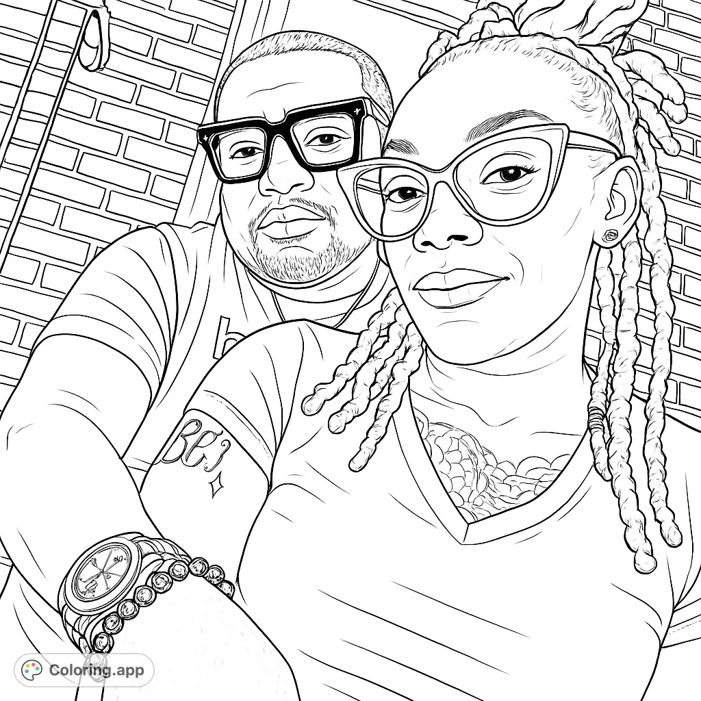 A stylish couple poses for a selfie, featuring detailed glasses, dreadlocks, and accessories against a brick wall. Perfect for personalizing with vibrant colors.