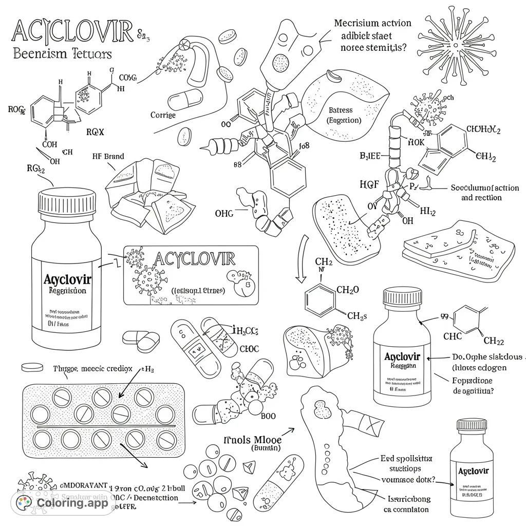 Explore a detailed scientific discovery coloring page featuring intricate chemical structures, various medications, and stylized viruses. A free printable coloring page for science enthusiasts.