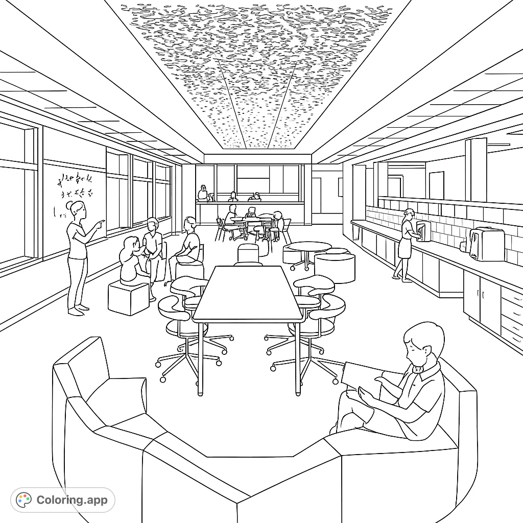 Explore a vibrant modern learning space with students collaborating, a teacher presenting, and cozy reading nooks. A free printable coloring page for all ages!