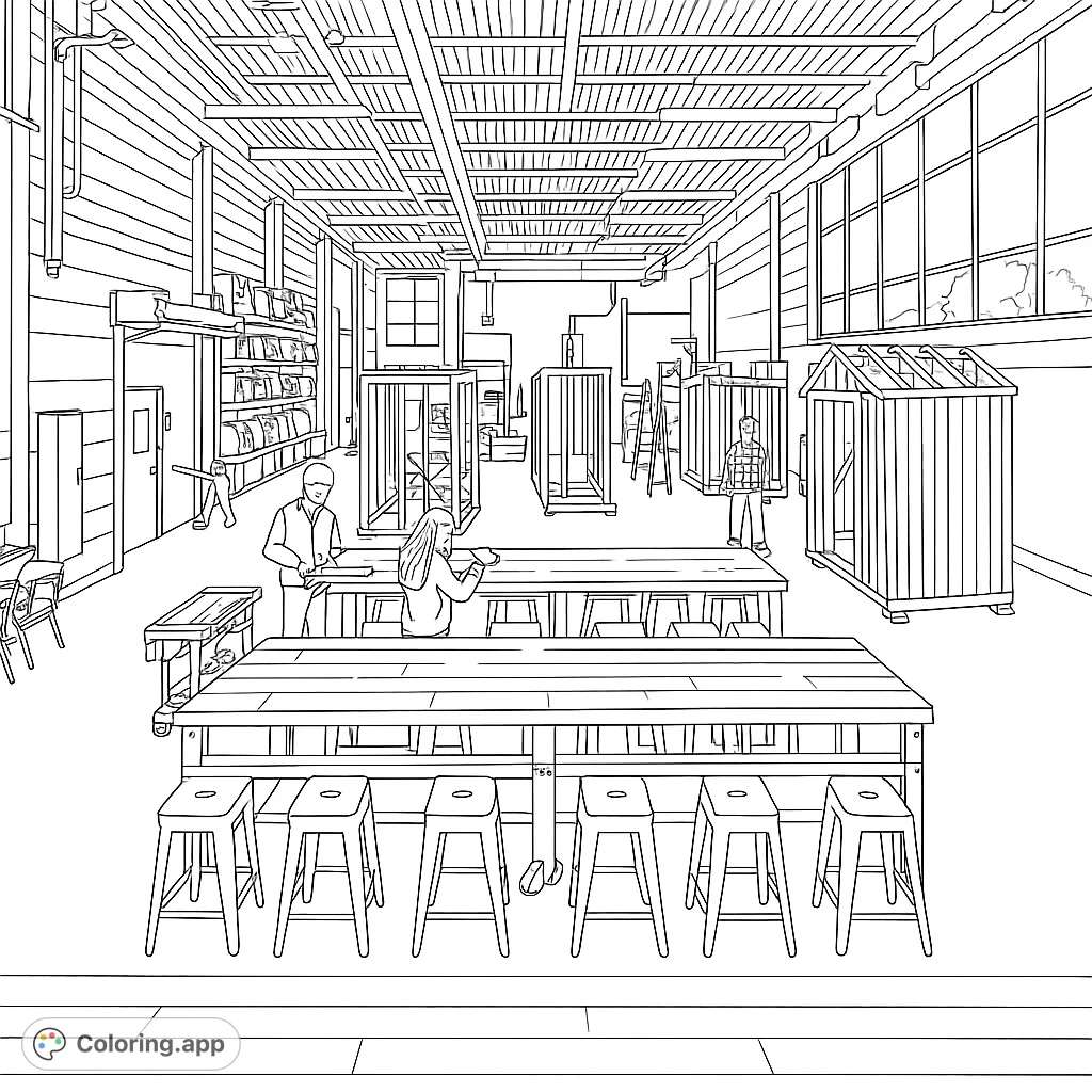 Explore a detailed workshop studio scene with people working, long tables, and intricate architectural details. A free printable coloring page for all ages.