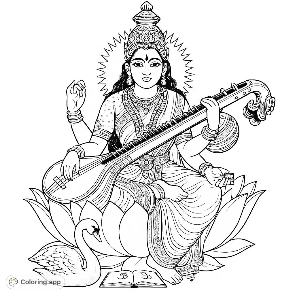 A divine Saraswati coloring page featuring the goddess on a lotus, playing veena, with a swan and book. Perfect for spiritual and detailed coloring.
