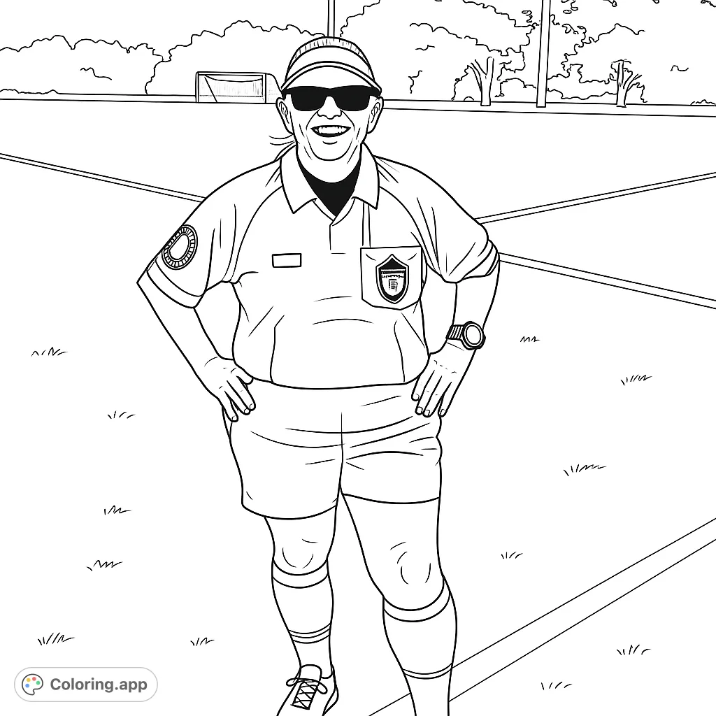 A smiling sports referee stands confidently on a soccer field, ready for action. Perfect for sports fans and aspiring officials.