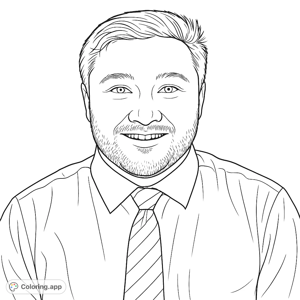 A friendly portrait of a smiling man with a beard and tie, perfect for a free printable coloring page for adults and teens.
