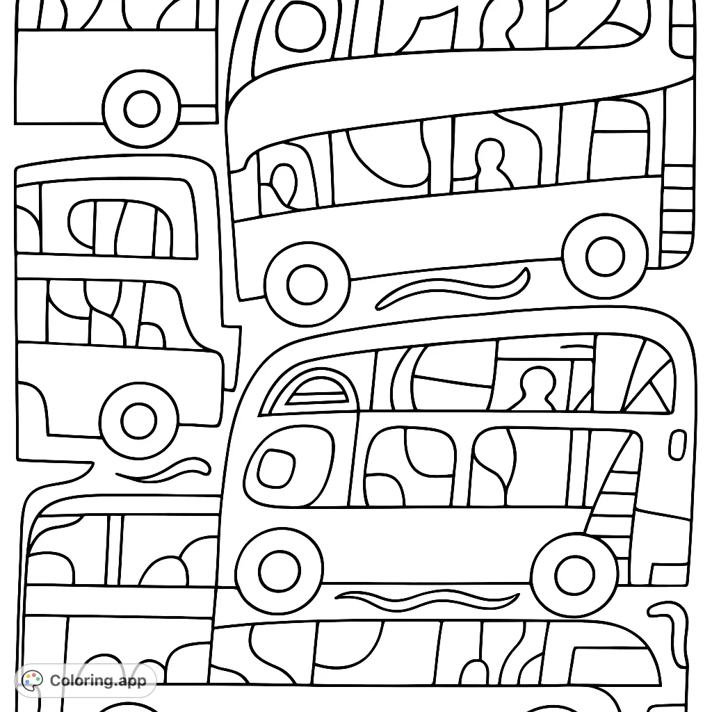 Dive into a dynamic city vehicles coloring page featuring a dense pattern of stylized buses and cars. A fun, free printable coloring page for all ages.